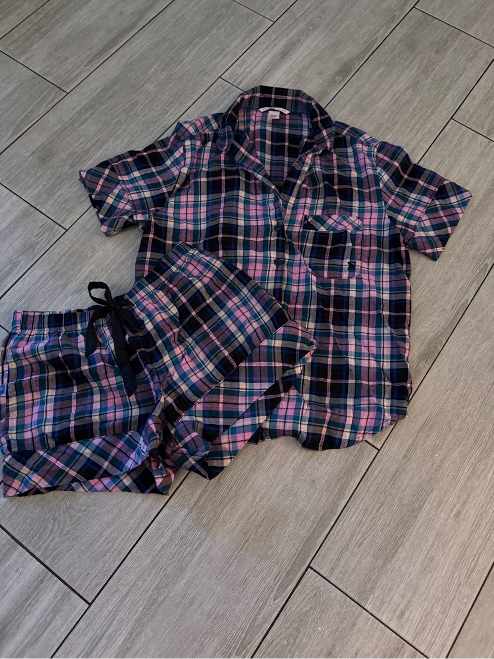 Women’s VS Plaid Short Pajama Set - Pink , Navy and black